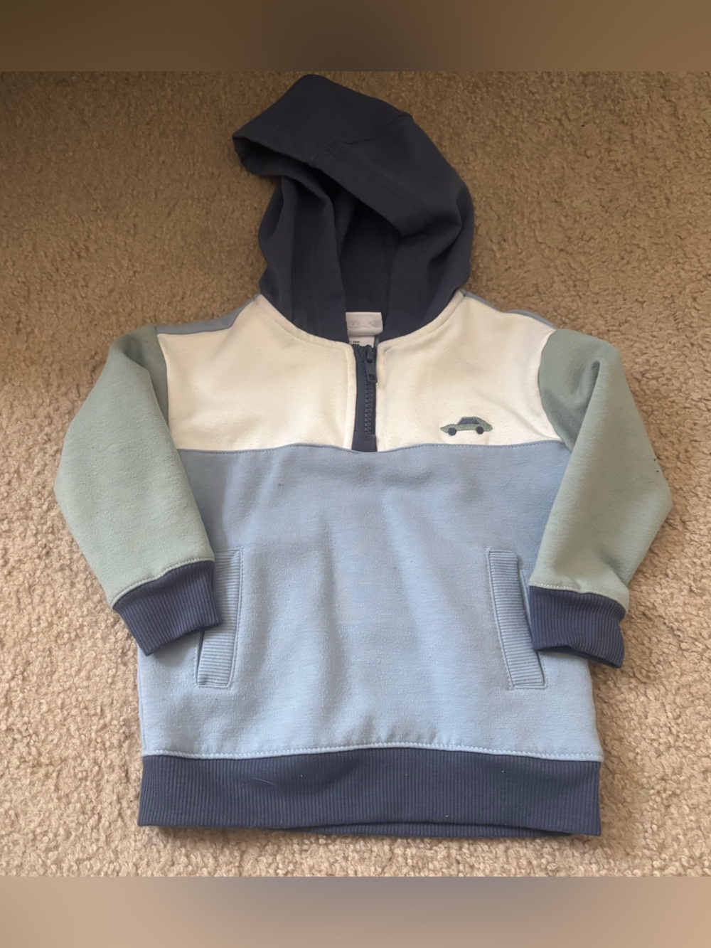 Toddler baby boys quarter zip color block blue car hoodie sweatshirt size 18M